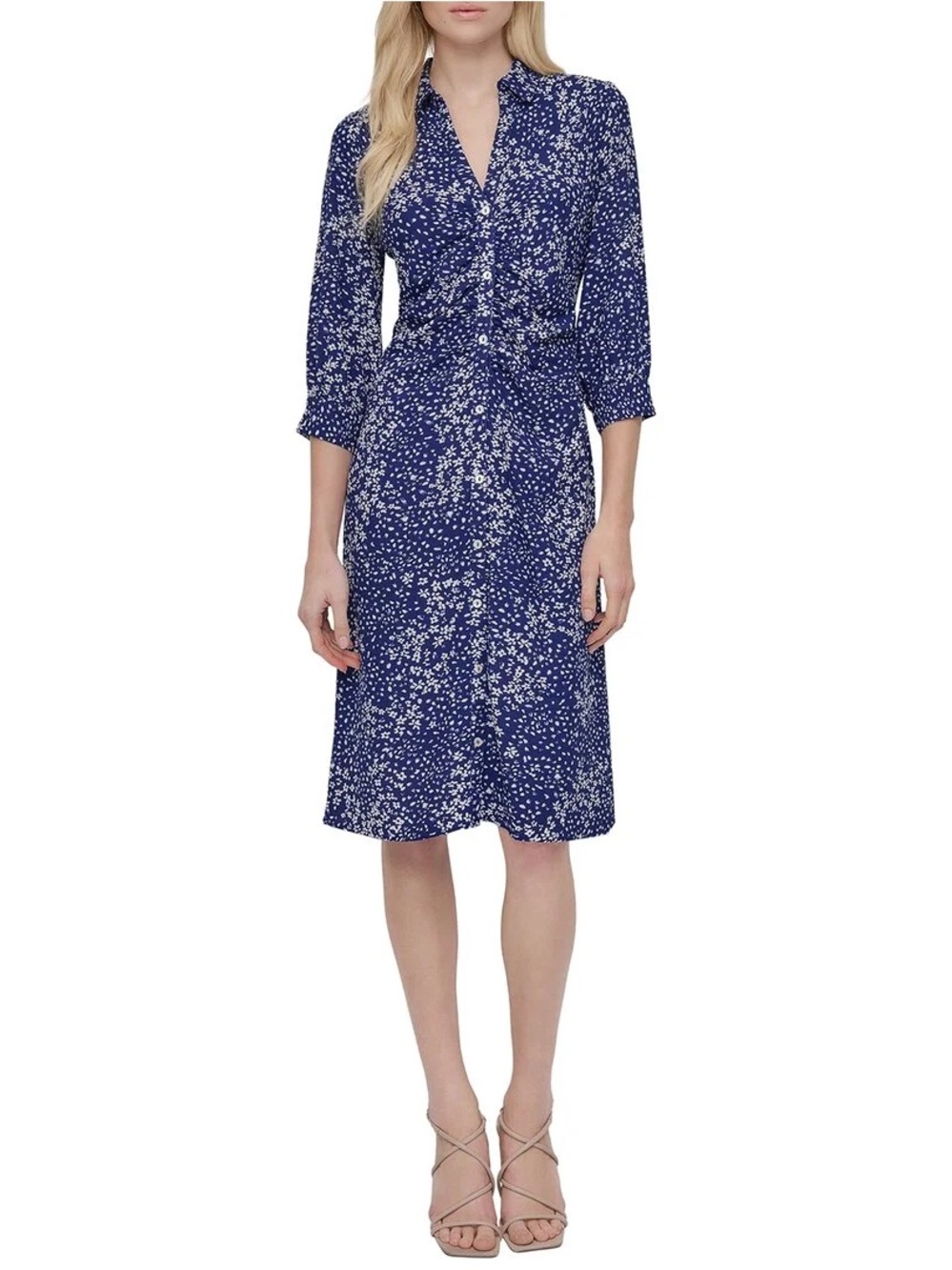 DKNY Navy Blue Floral Midi Shirt Dress